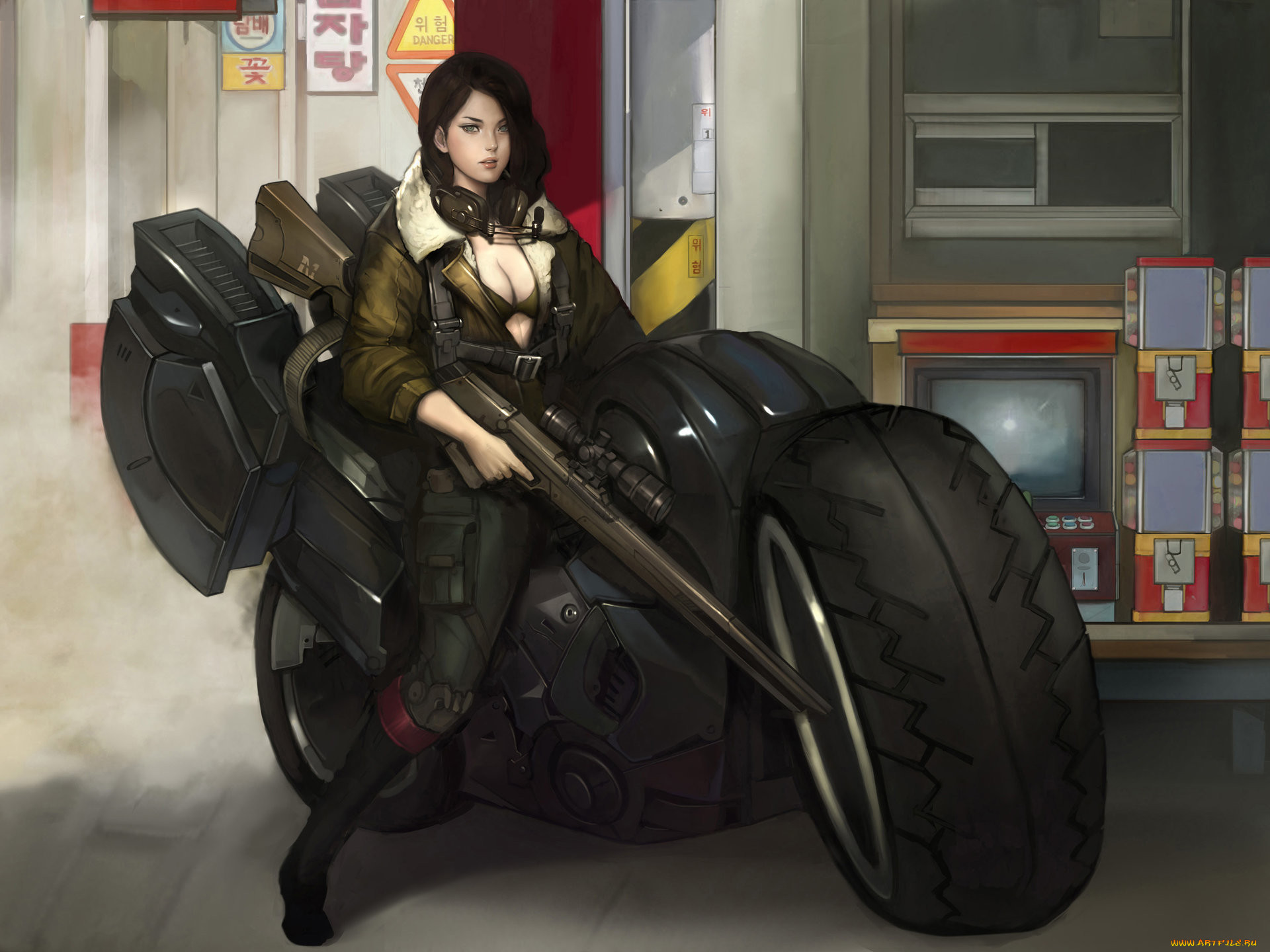 , , , , , sniper, girl, , sci-fi, , by, namgwon, lee, , leather, , jacket, , motorcycle, , headphones, , rifle, cyberpunk, 
